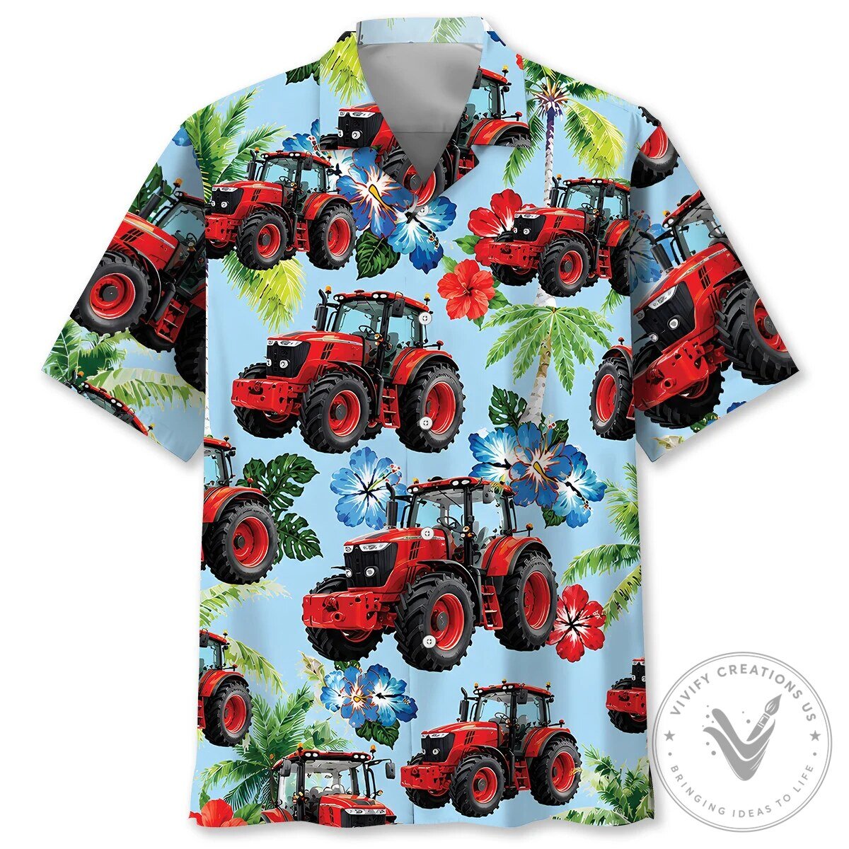 RC Farm Tractor Red Hawaiian Shirt with Tropical Flowers and Palm Trees