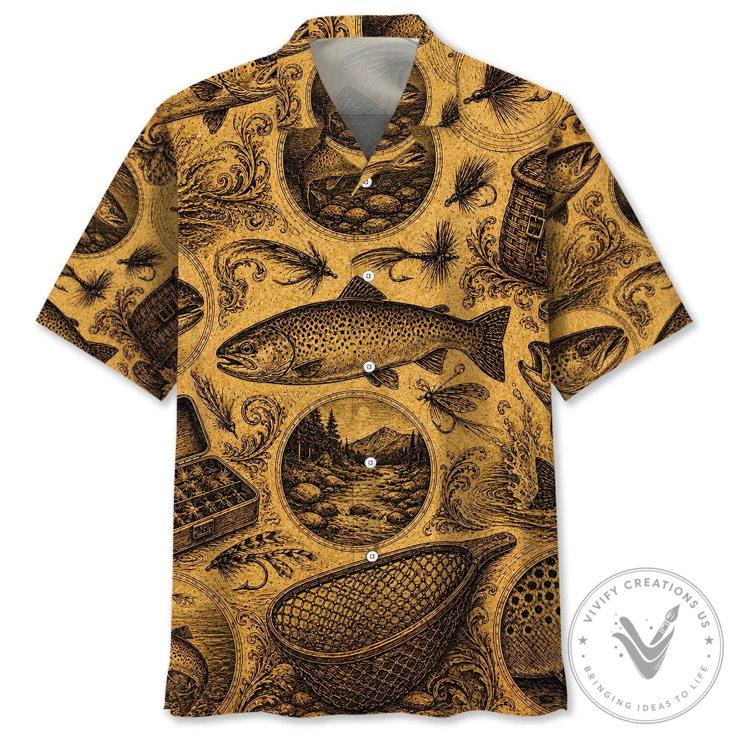 Hawaiian Shirt Featuring Retro Fishing Lures and Trout Design