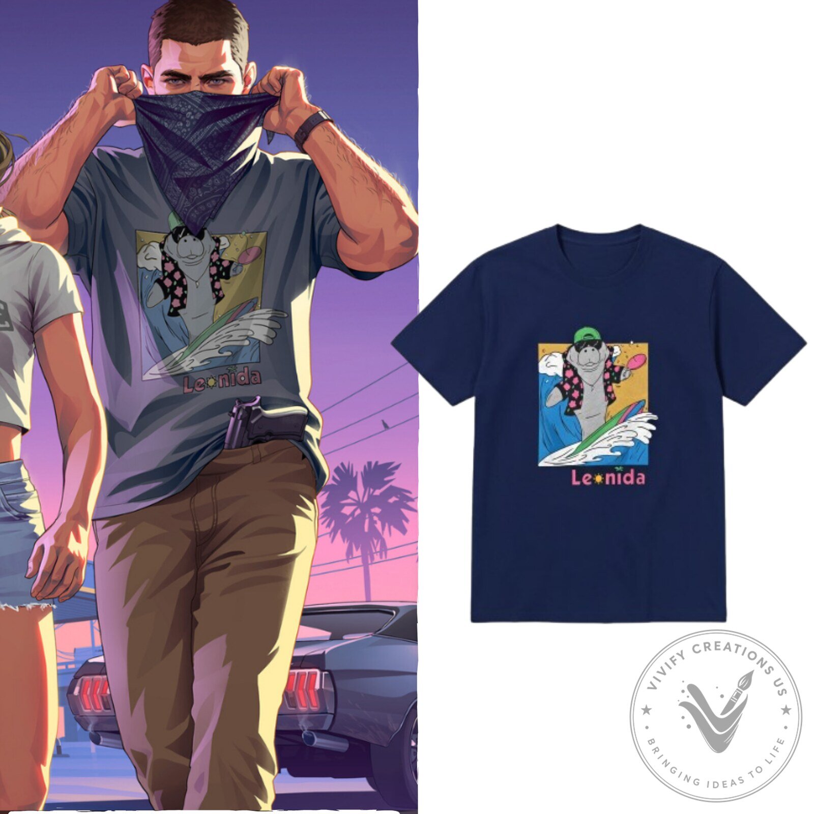 GTA 6 Jason Leonida Shirt Surfing Manatee Graphic T-Shirt - Vice City Gaming Tee GTA 6 Jason Leonida Surfing Manatee Vice City Gaming T-Shirt – image 3 of 3