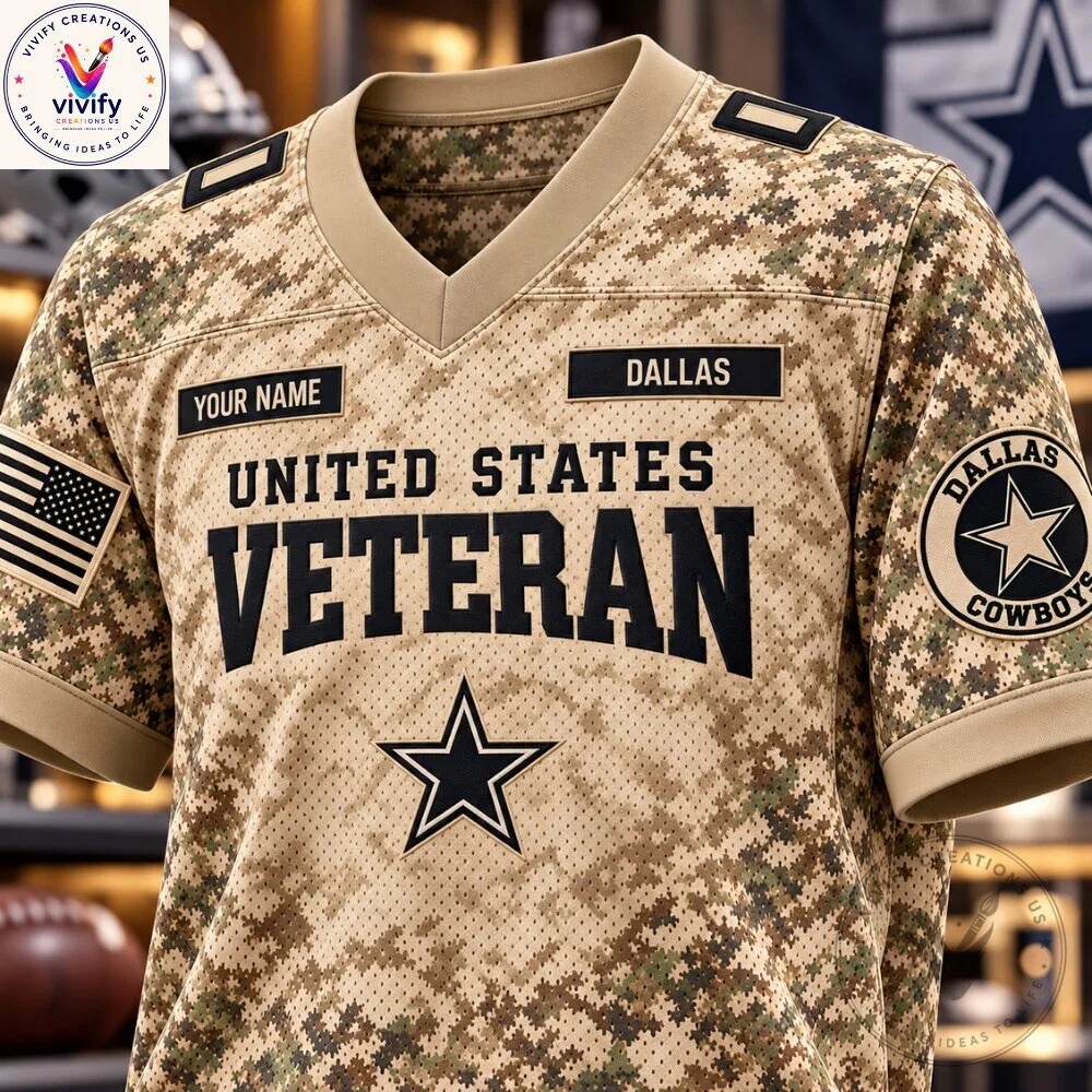 Dallas Cowboys Veteran Camo Jersey Shirt 2026 - Military Football Jersey with American Flag Patch