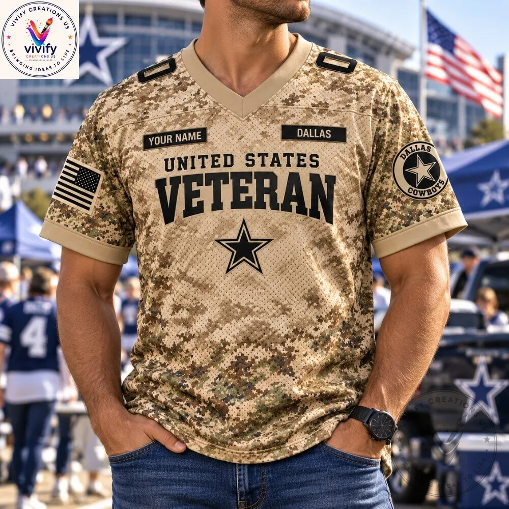 Dallas Cowboys Veteran Camo Jersey Shirt 2026 - Military Football Jersey with American Flag Patch 6 Dallas Cowboys Veteran Camo Jersey Shirt 2026 - Military Football Jersey with American Flag Patch