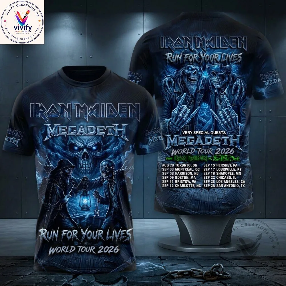 Iron Maiden 2026 Magadeth World Tour Run For Your Lives T-Shirt with Graphic Print